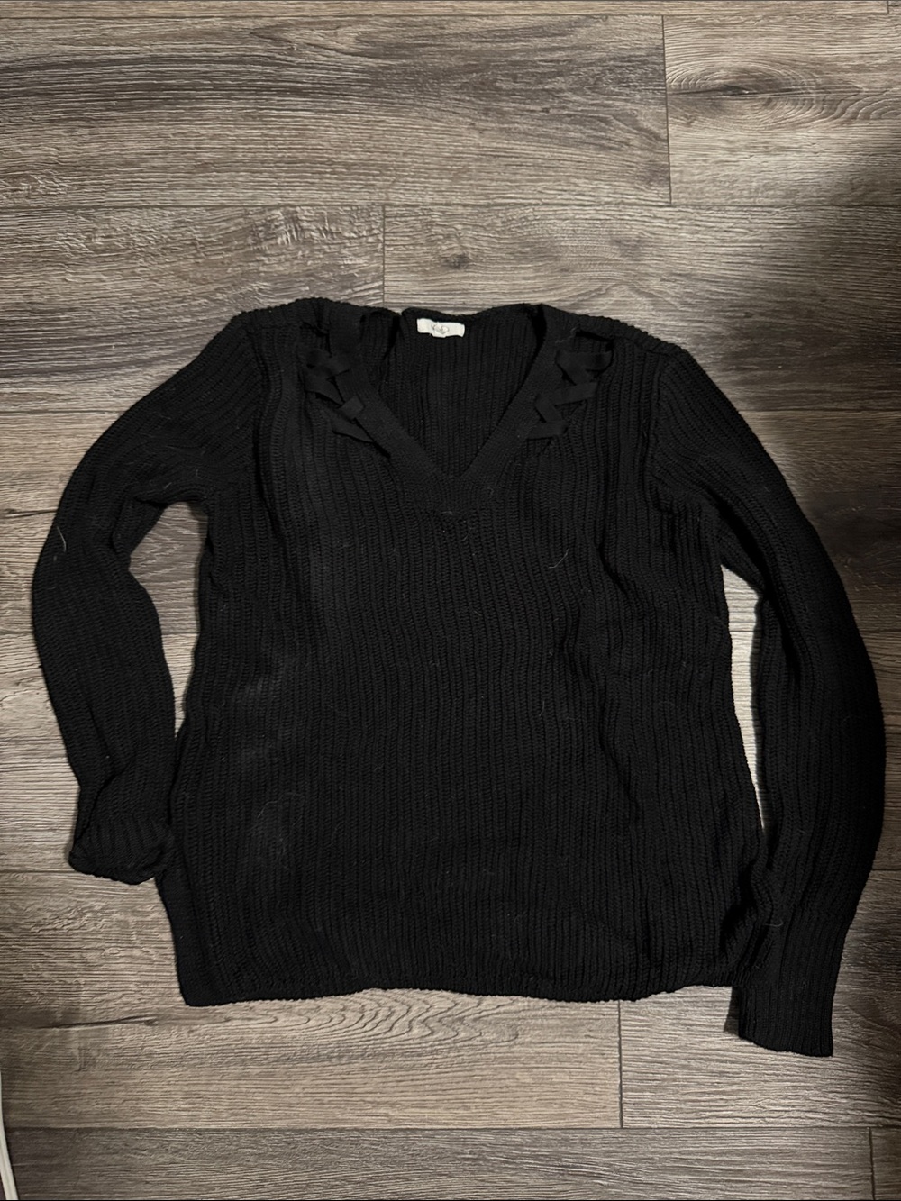 Black V-Neck Women's Sweater with crisscross Detail